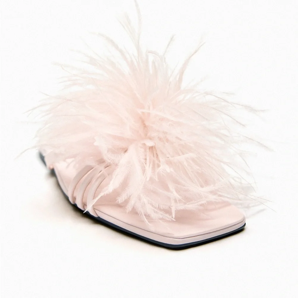 NWT. Zara Light Pink Feathers Flat Fabric Sandals. Size  7,5. 8 - Picture 3 of 9